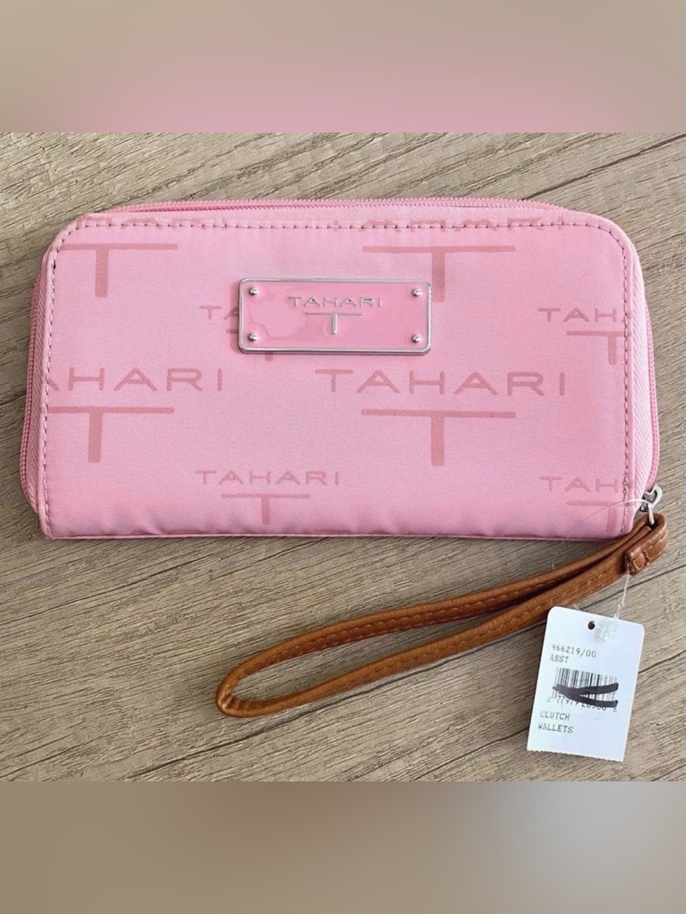 Tahari Pink Logo Wristlet with Tan Strap
